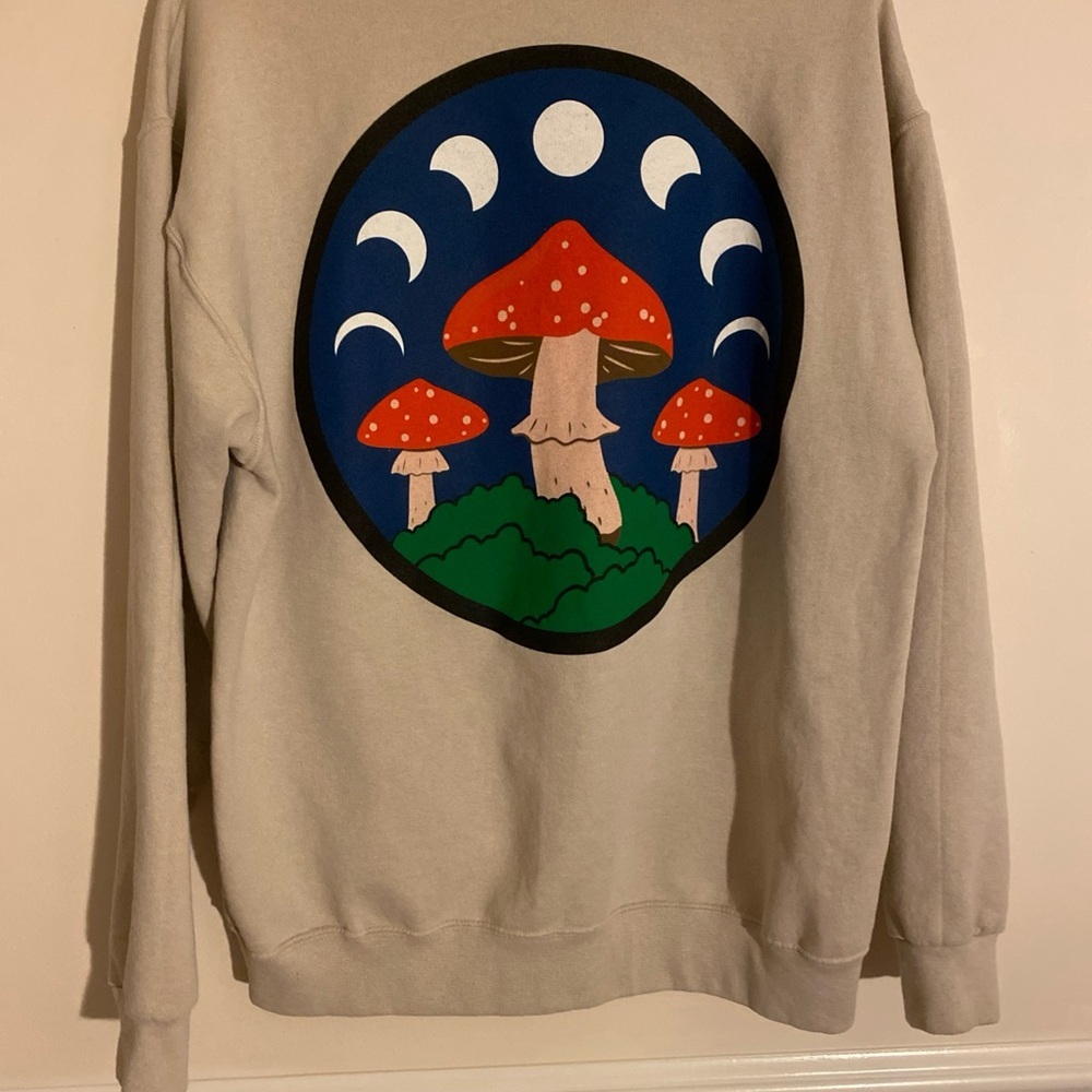 Mushrooms! Cream Crew Neck Women’s Sweatshirt with Patch Front & Lg Graphic Back